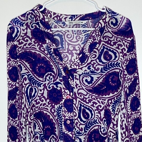 Zara Purple & White Paisley Button-Up Blouse With Beaded Cuffs M Medium - Picture 3 of 9